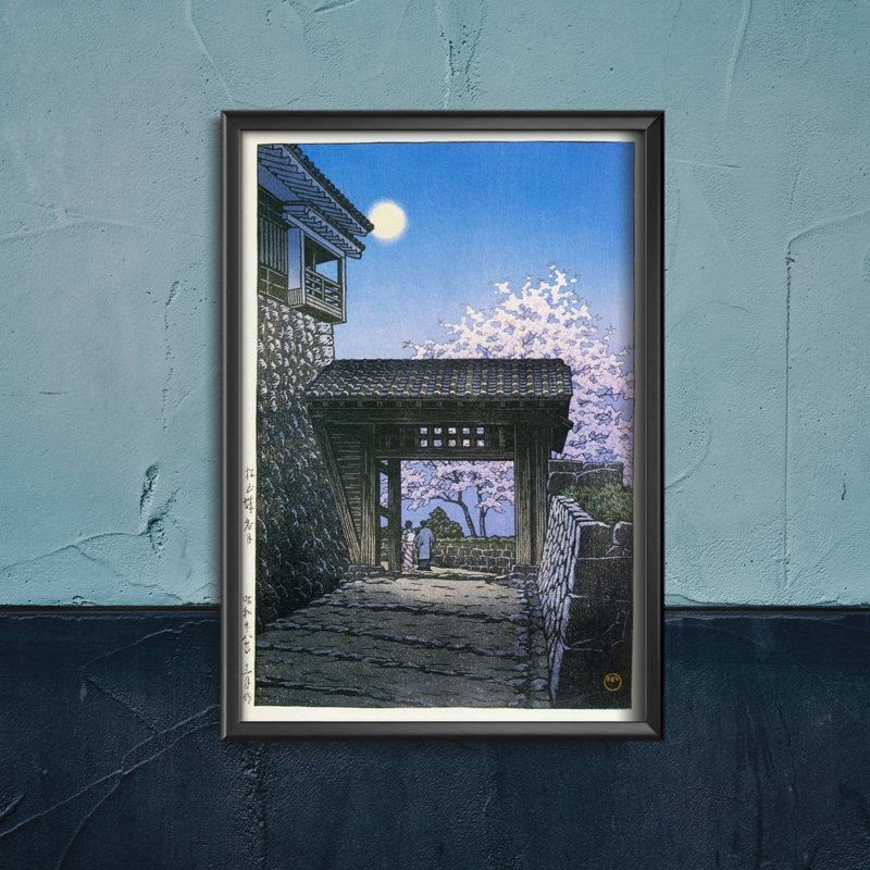 Plakát Cherry a měsíc květina v zámku Matsuyama Kawase Hasui