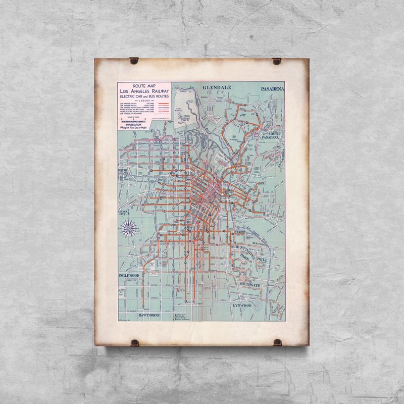 Retro plakát Mapa Los Angeles železniční a autobusové trasy