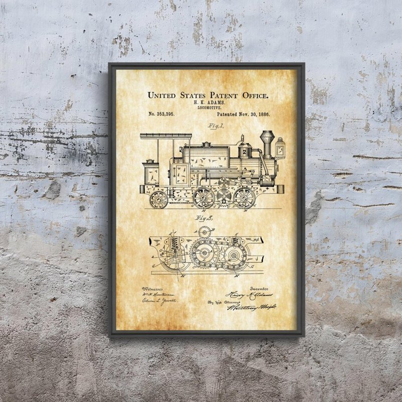 Retro plakát Lokomotiva Adams patent USA