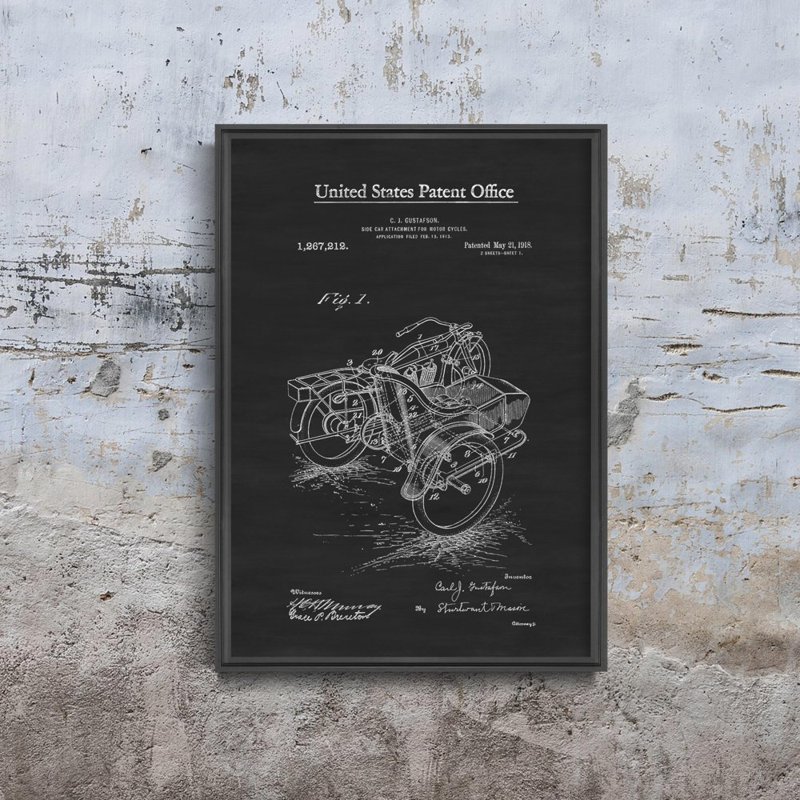 Retro plakát Motocykl Sidecar Gustafson patent USA